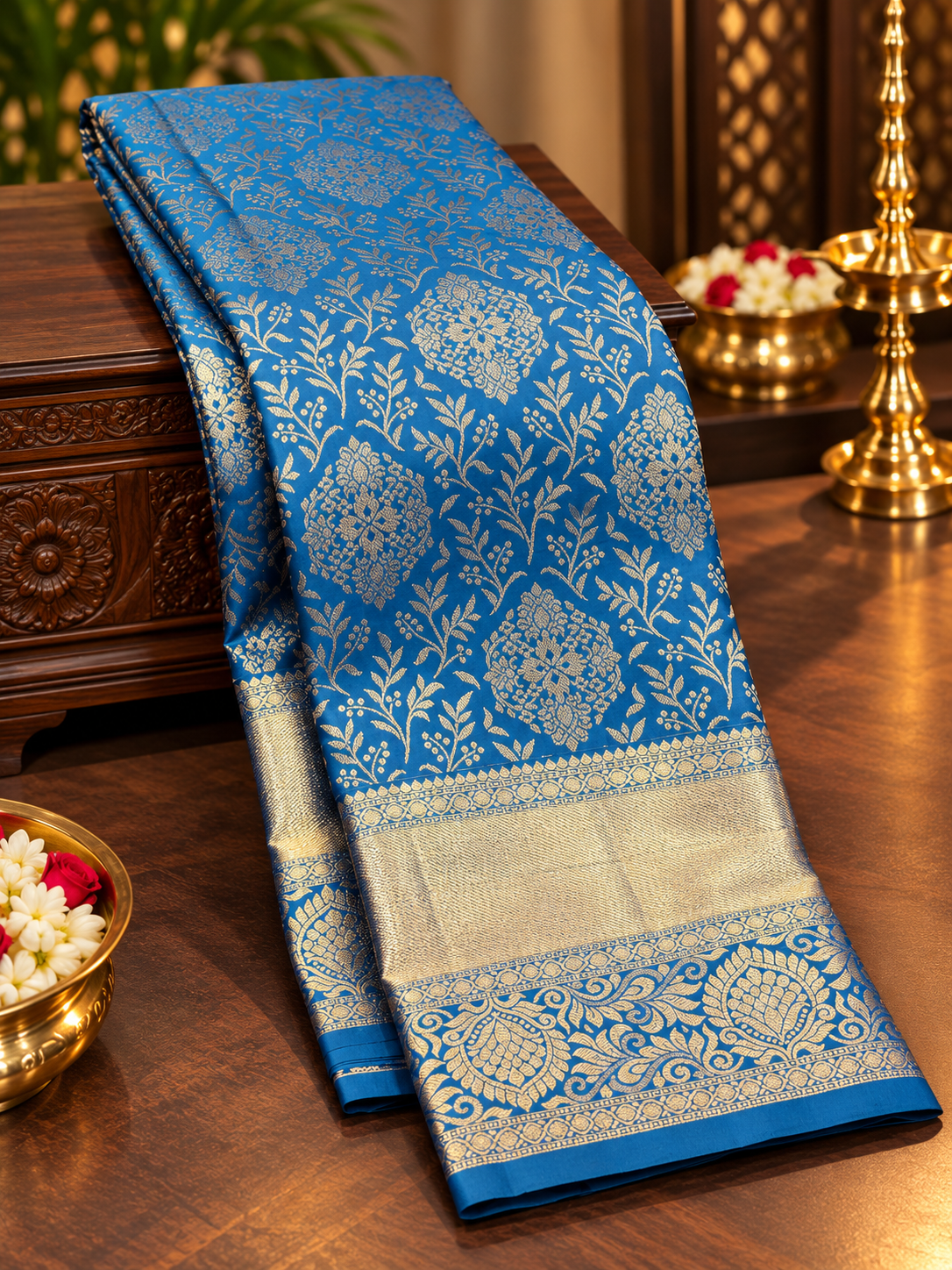 Royal Teal Blue Pure Kanchipuram Silk Saree with Antique Gold Zari Border | Bridal Saree AA-001924