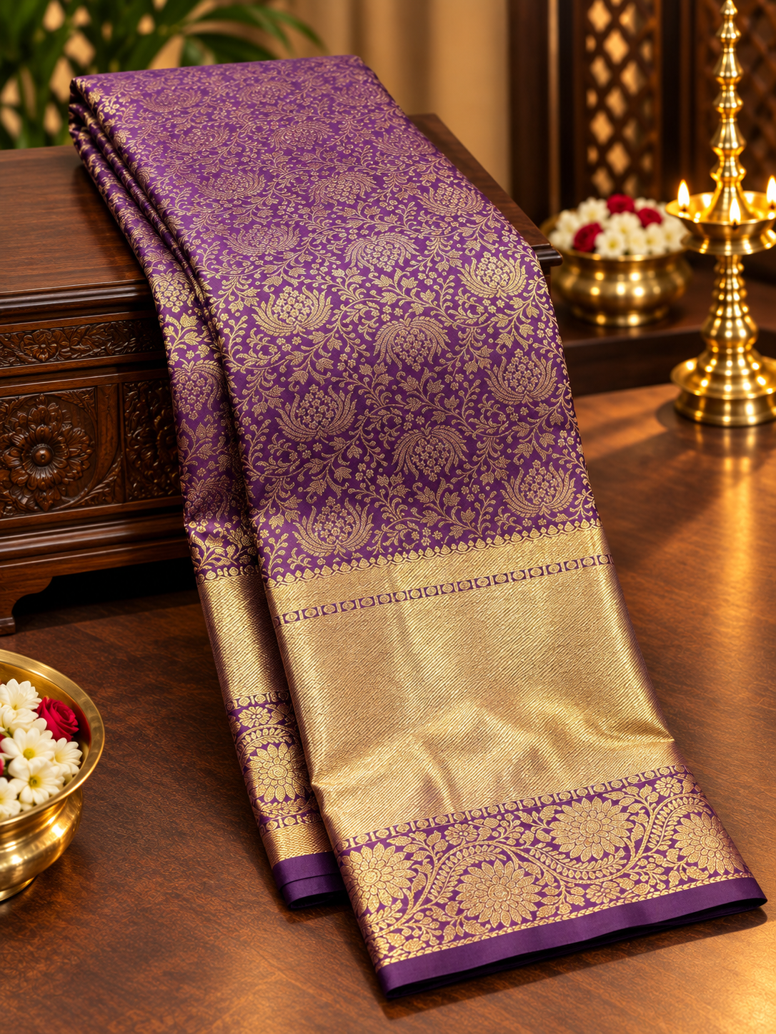 Royal Purple Pure Kanchipuram Silk Saree with Gold Zari Floral Weave | Bridal Saree AA-001932