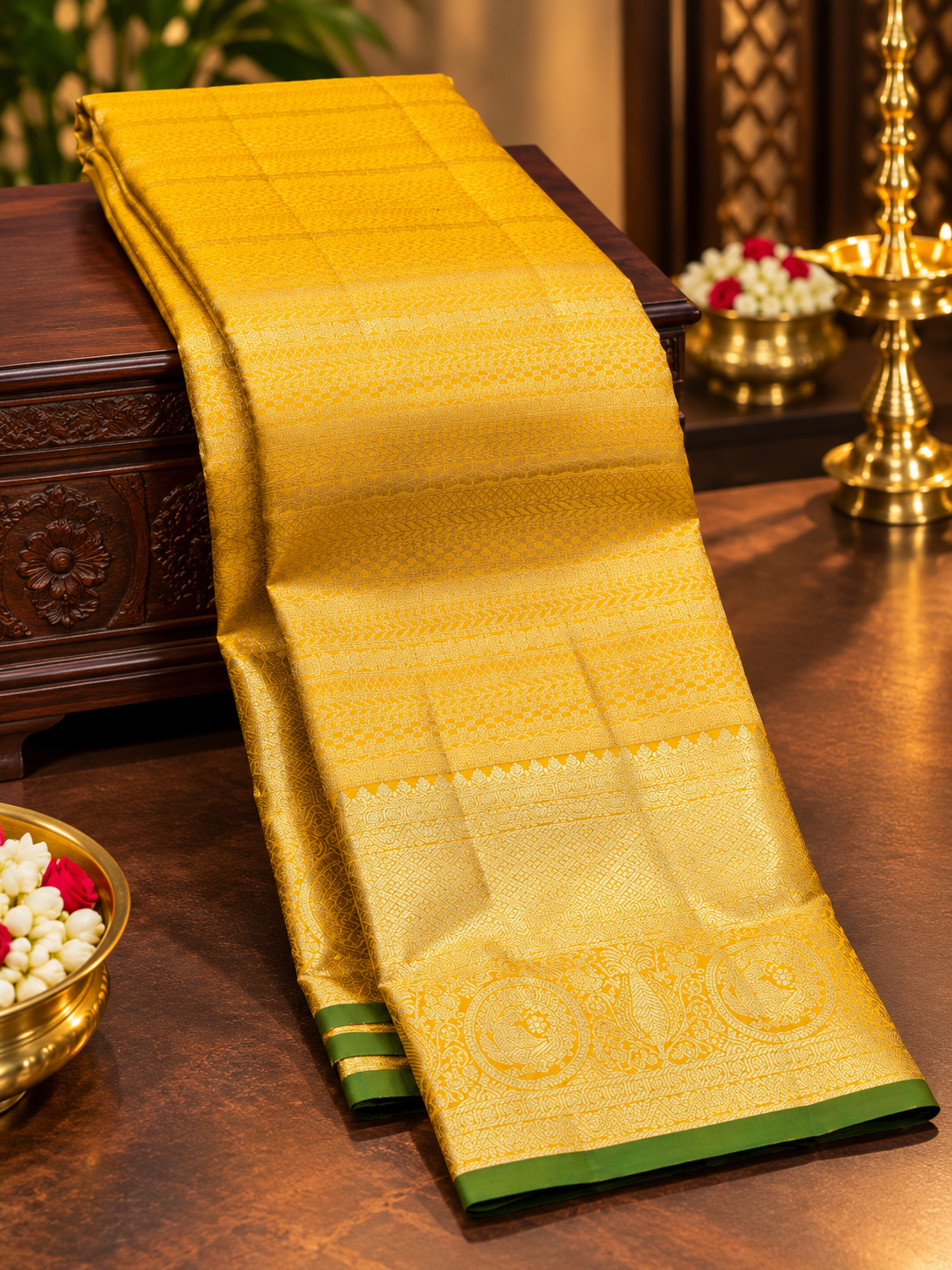 Golden Yellow Pure Kanchipuram Silk Saree with Rich Zari & Green Border | Bridal Saree AA-001590