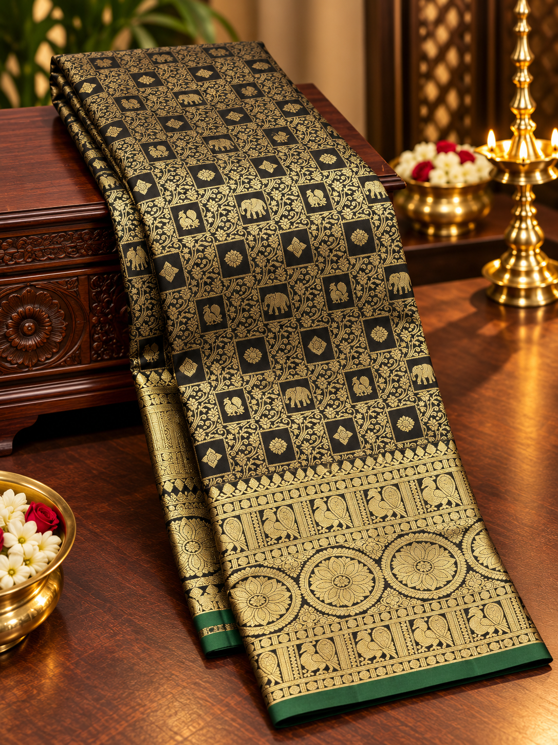 Bottle Green Pure Kanchipuram Silk Saree with Gold Zari Elephant & Floral Motifs | Bridal Saree AA-001587