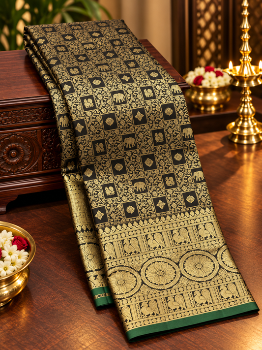 Bottle Green Pure Kanchipuram Silk Saree with Gold Zari Elephant & Floral Motifs | Bridal Saree AA-001587