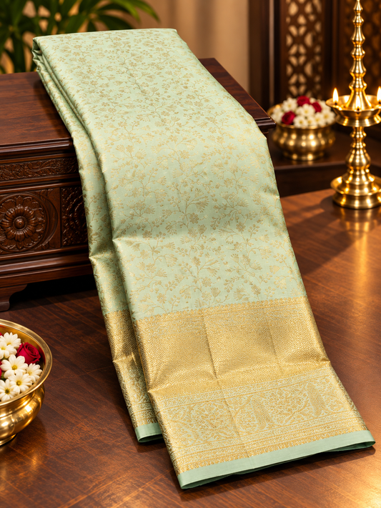 Ice Blue Pure Kanchipuram Silk Saree with Antique Gold Zari | Luxury Bridal Saree AA-001962