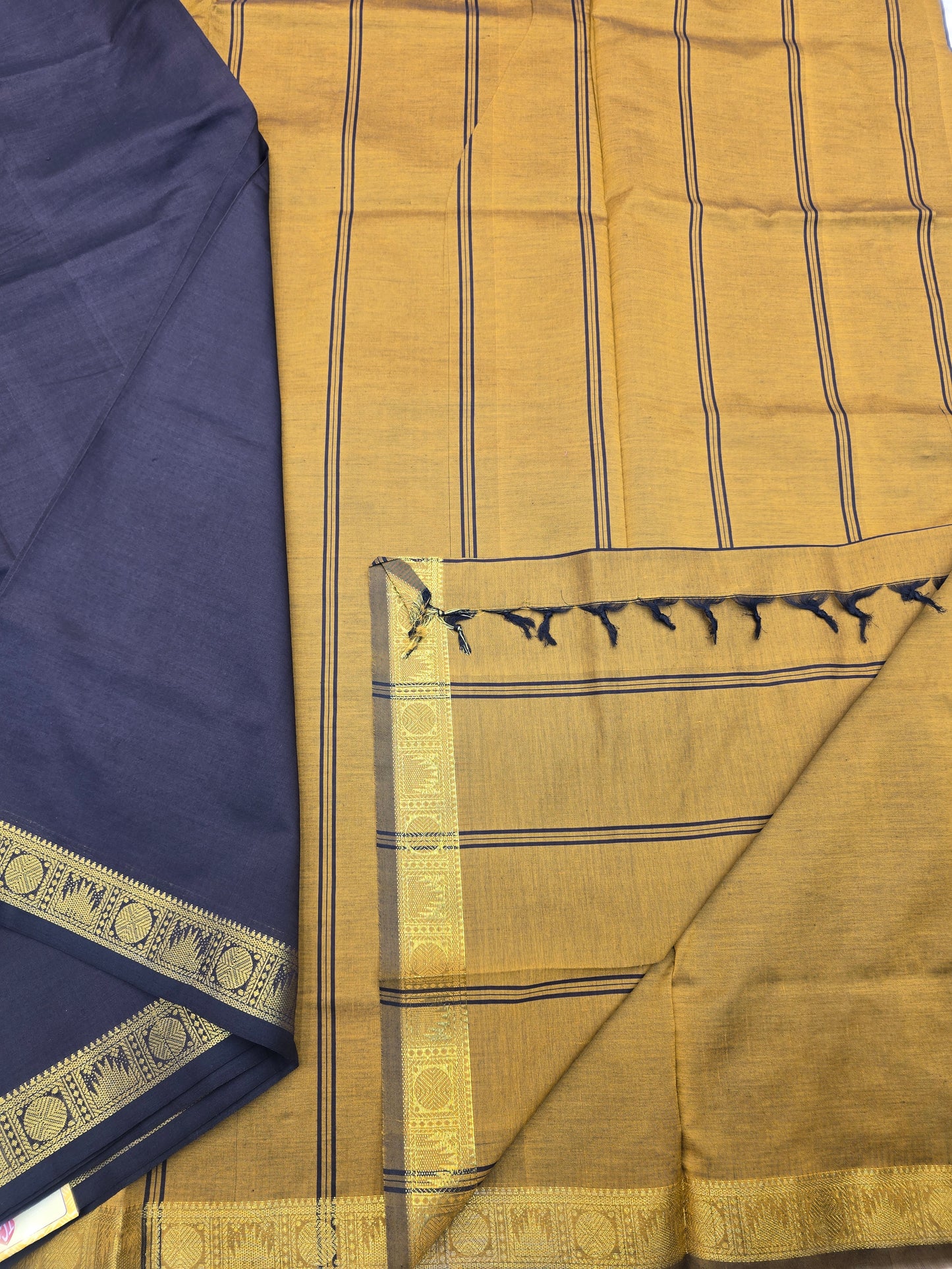 Deep Brown With Mustard Color Poly Cotton Saree with Gold Zari Paisley Border | Traditional Festive Saree