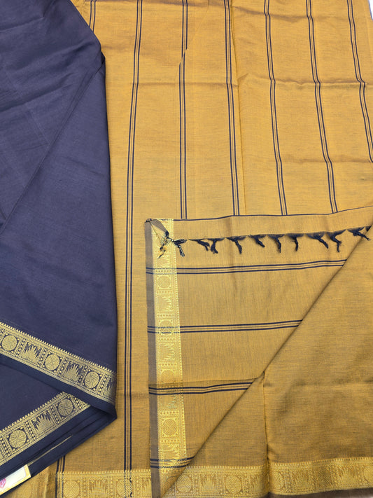 Deep Brown With Mustard Color Poly Cotton Saree with Gold Zari Paisley Border | Traditional Festive Saree